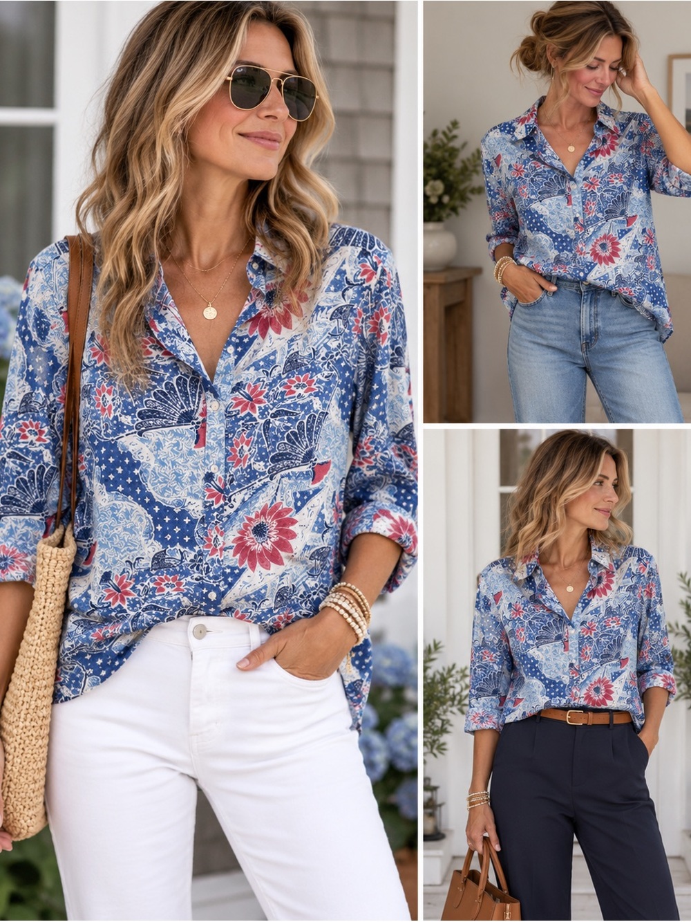 Relaxed Blue Floral Button-Front Women's Top